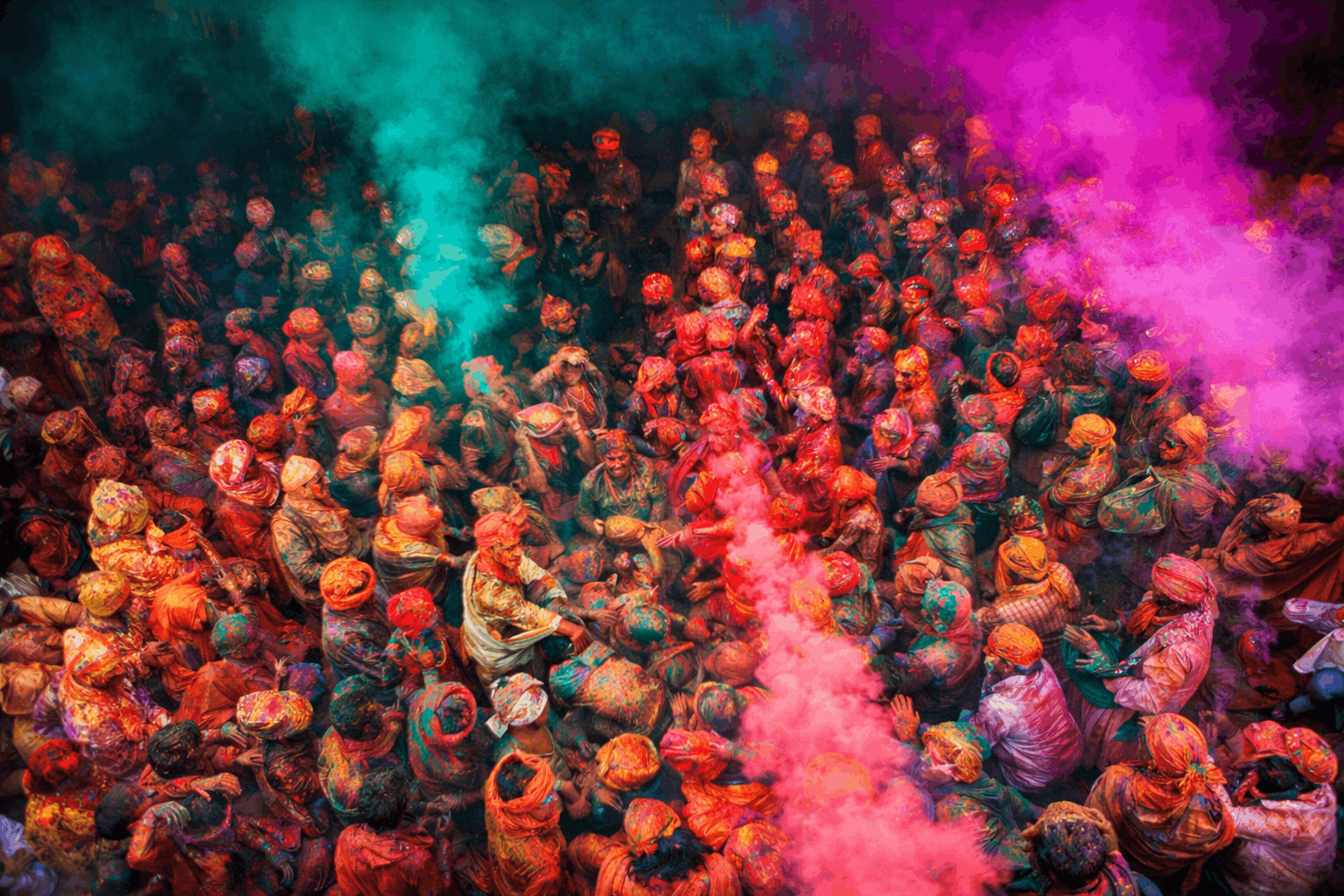 Colorful Holi festival in Pushkar with locals and tourists celebrating together